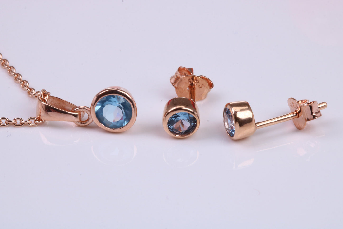 Real Blue Topaz Necklace and Matching Stud Earrings, made from solid Sterling Silver and 18ct Rose Gold Plated