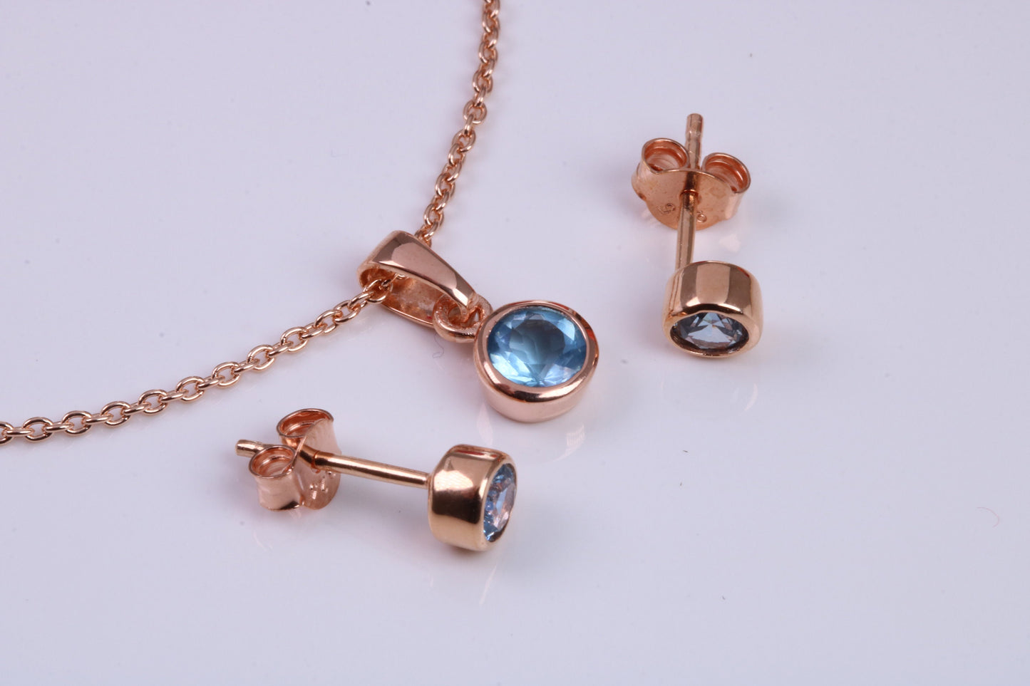 Real Blue Topaz Necklace and Matching Stud Earrings, made from solid Sterling Silver and 18ct Rose Gold Plated