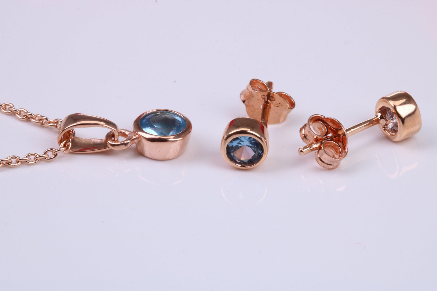 Real Blue Topaz Necklace and Matching Stud Earrings, made from solid Sterling Silver and 18ct Rose Gold Plated