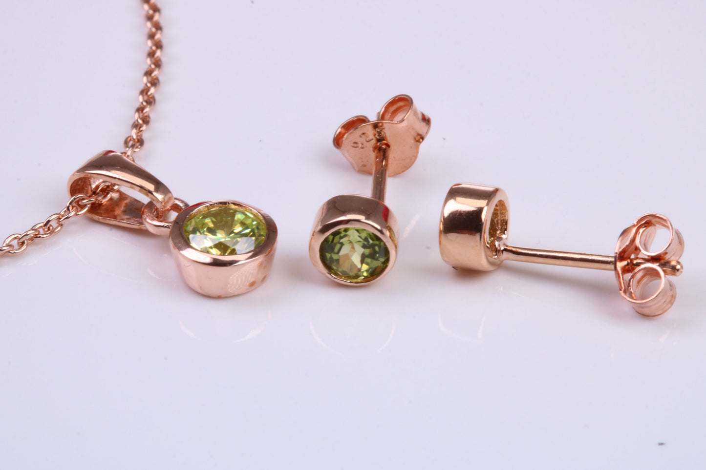 Real Peridot set Necklace and Matching Stud Earrings, made from solid Sterling Silver and 18ct Rose Gold Plated