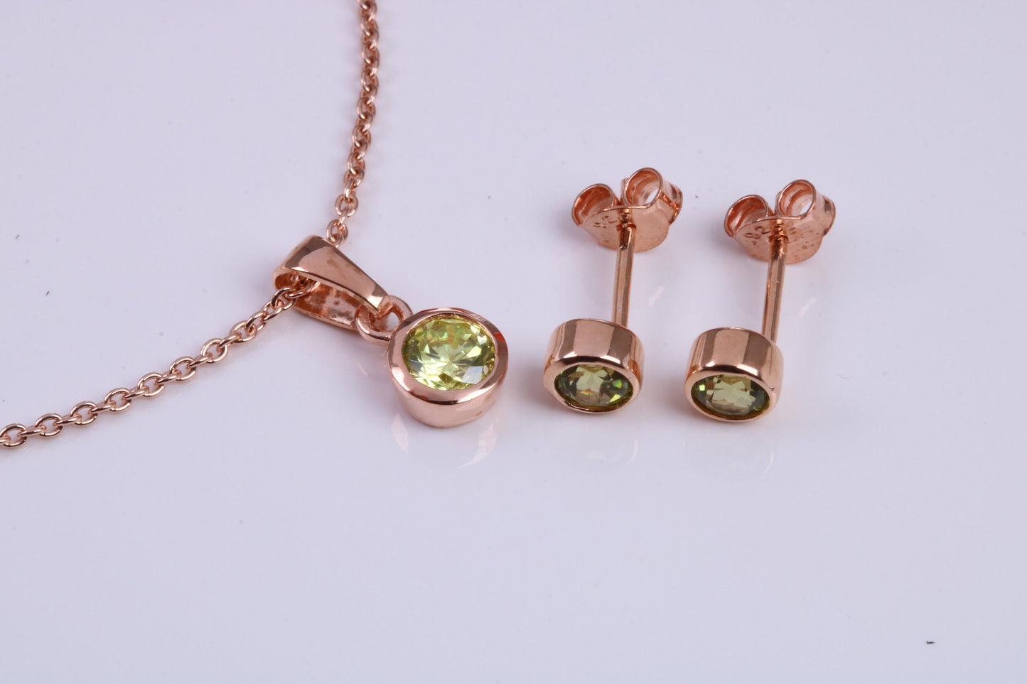 Real Peridot set Necklace and Matching Stud Earrings, made from solid Sterling Silver and 18ct Rose Gold Plated