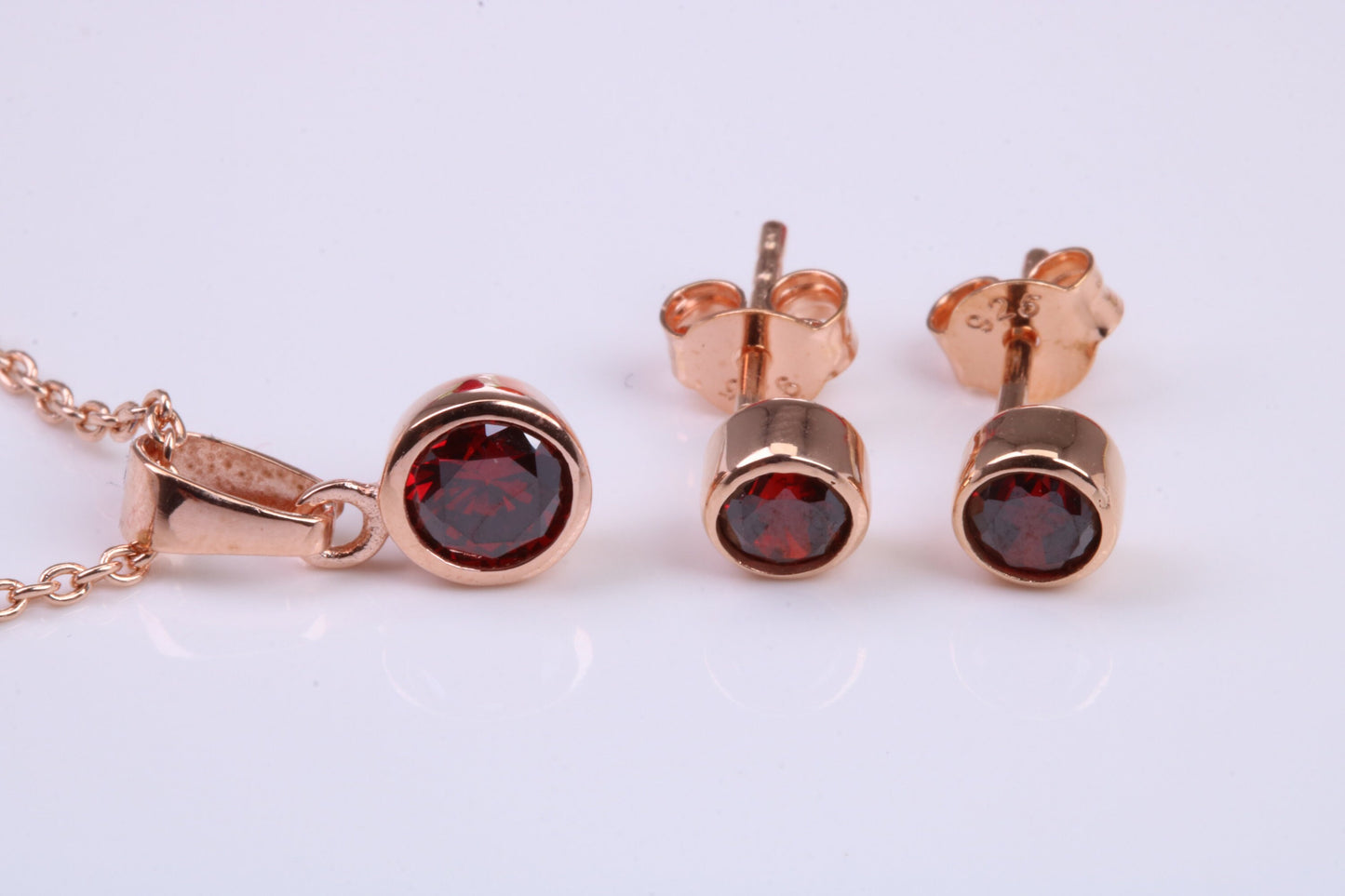 Real Garnet set Necklace and Matching Stud Earrings, made from solid Sterling Silver and 18ct Rose Gold Plated