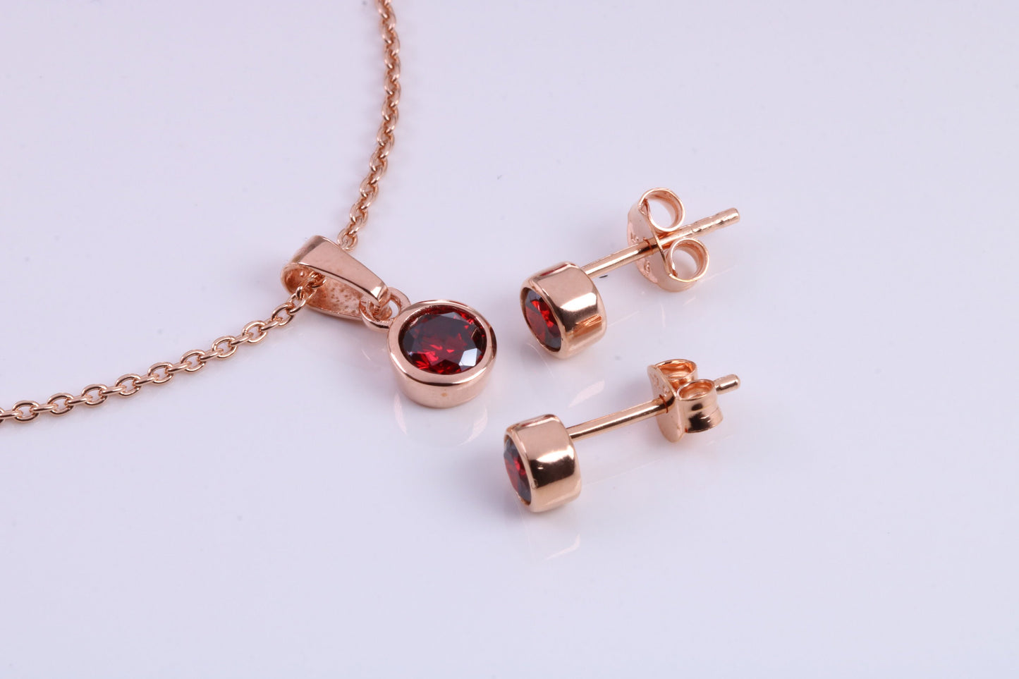 Real Garnet set Necklace and Matching Stud Earrings, made from solid Sterling Silver and 18ct Rose Gold Plated