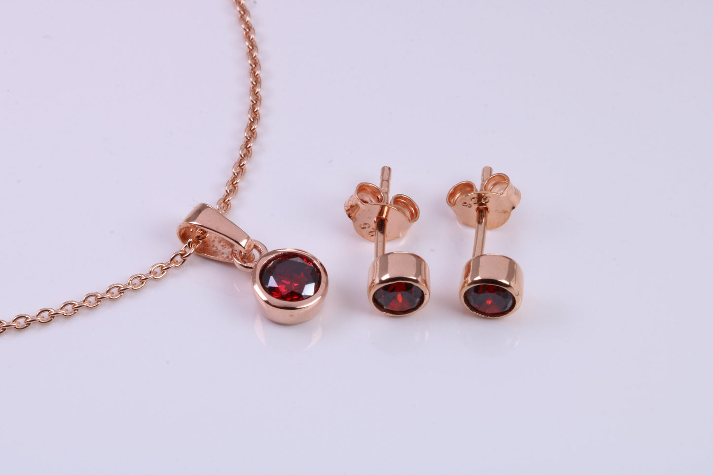 Real Garnet set Necklace and Matching Stud Earrings, made from solid Sterling Silver and 18ct Rose Gold Plated