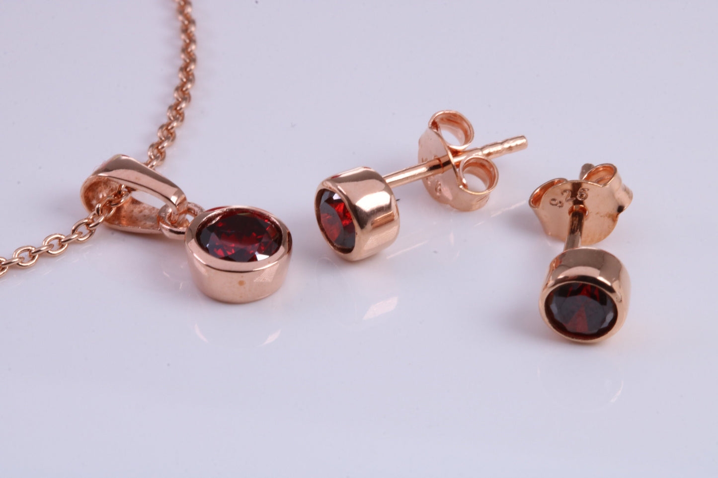 Real Garnet set Necklace and Matching Stud Earrings, made from solid Sterling Silver and 18ct Rose Gold Plated