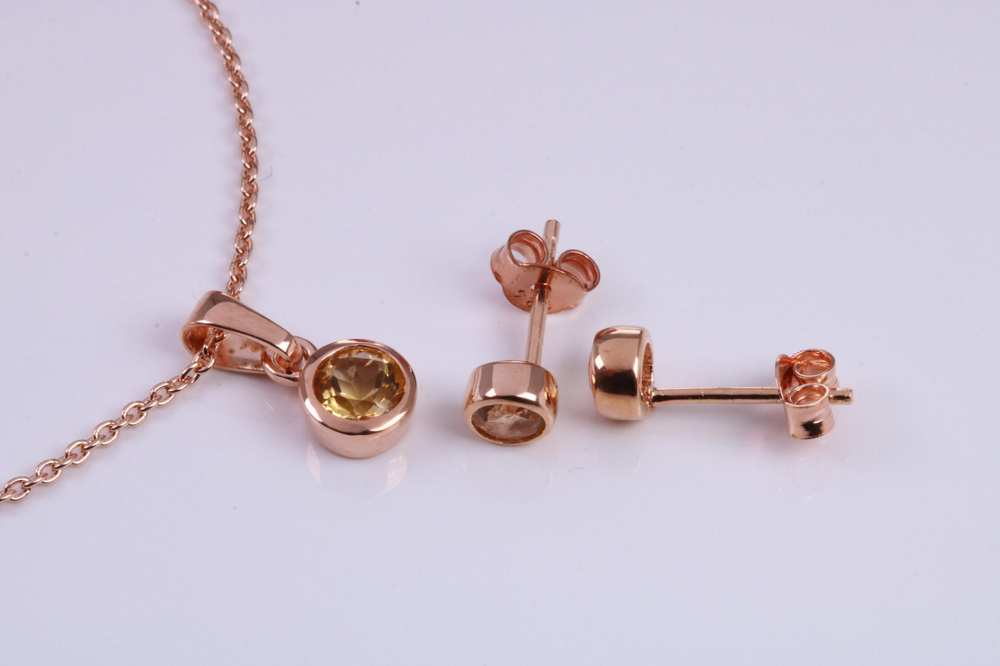 Real Citrine set Necklace and Matching Stud Earrings, made from solid Sterling Silver and 18ct Rose Gold Plated
