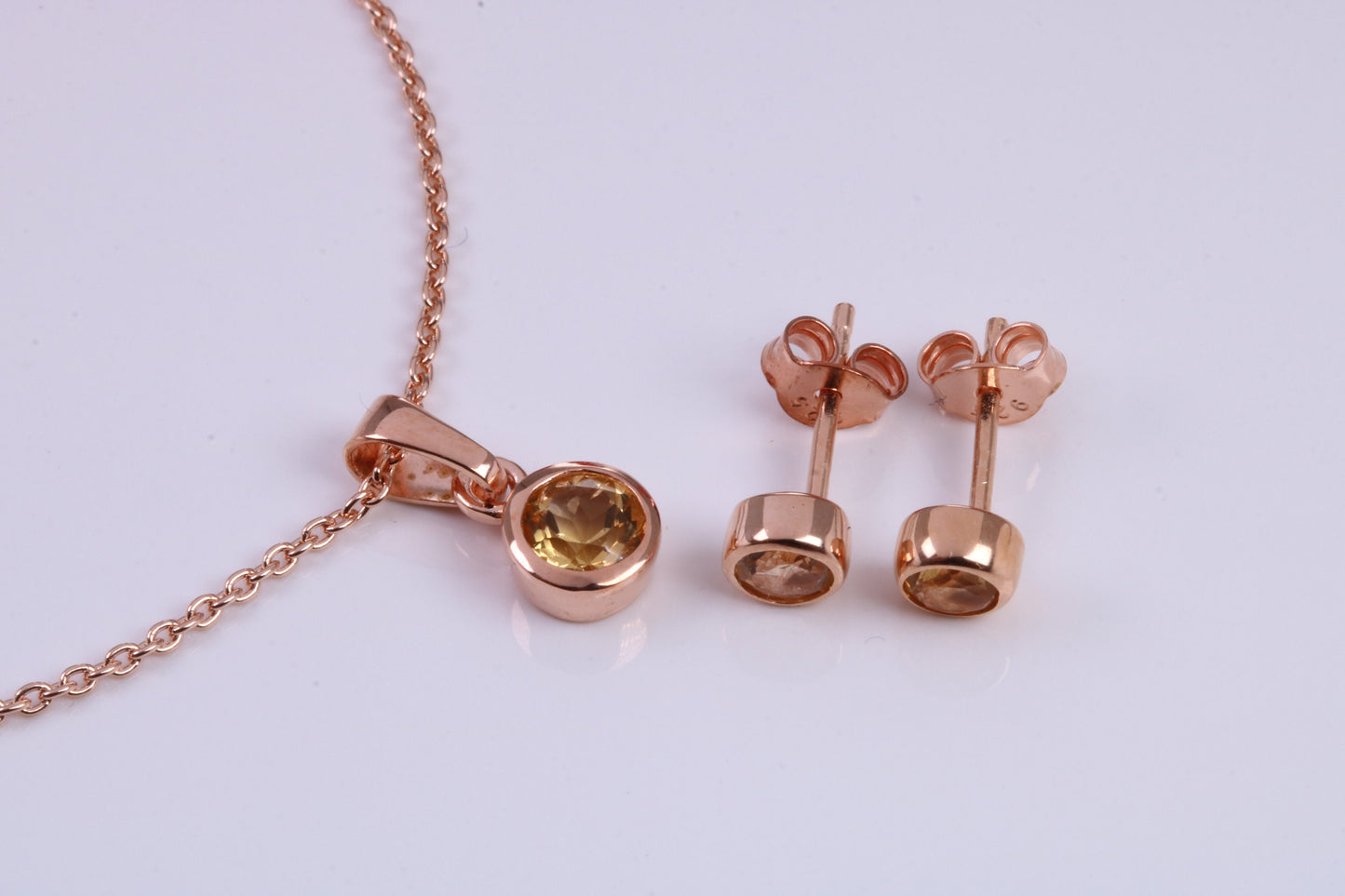 Real Citrine set Necklace and Matching Stud Earrings, made from solid Sterling Silver and 18ct Rose Gold Plated