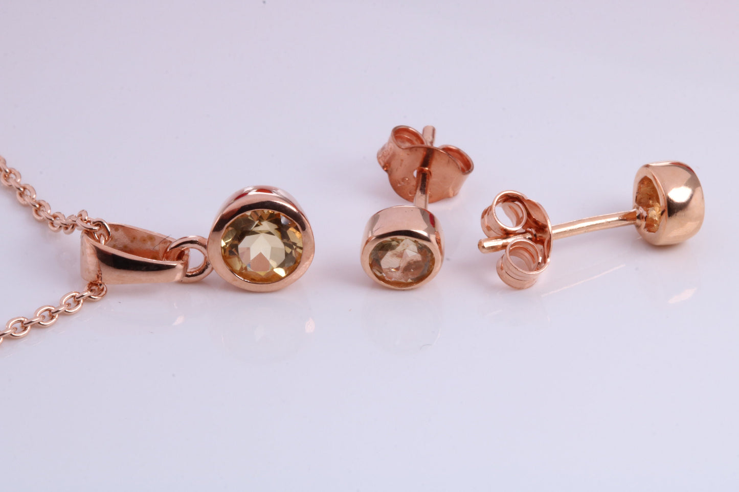 Real Citrine set Necklace and Matching Stud Earrings, made from solid Sterling Silver and 18ct Rose Gold Plated