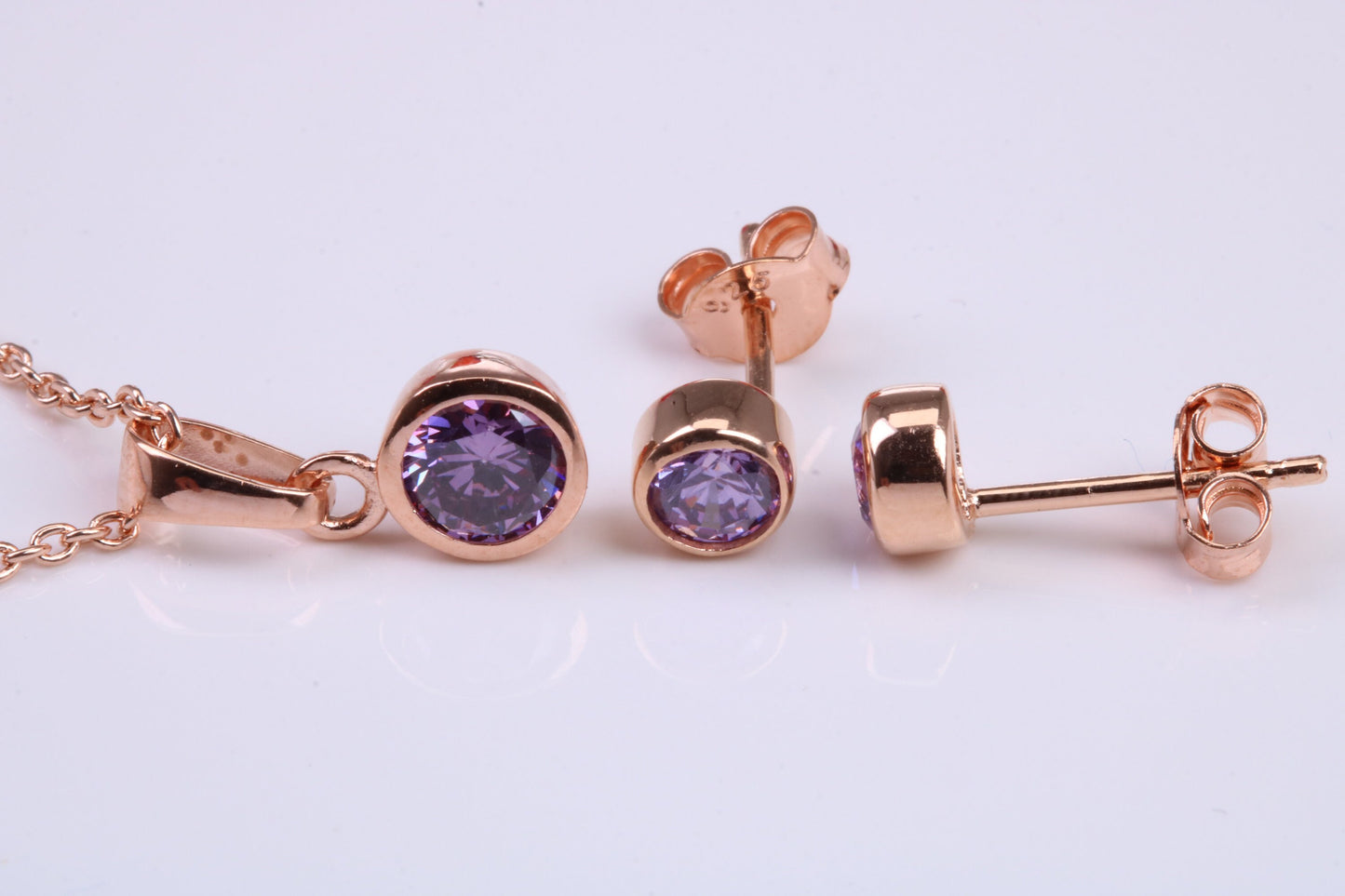 Real Amethyst set Necklace and Matching Stud Earrings, made from solid Sterling Silver and 18ct Rose Gold Plated