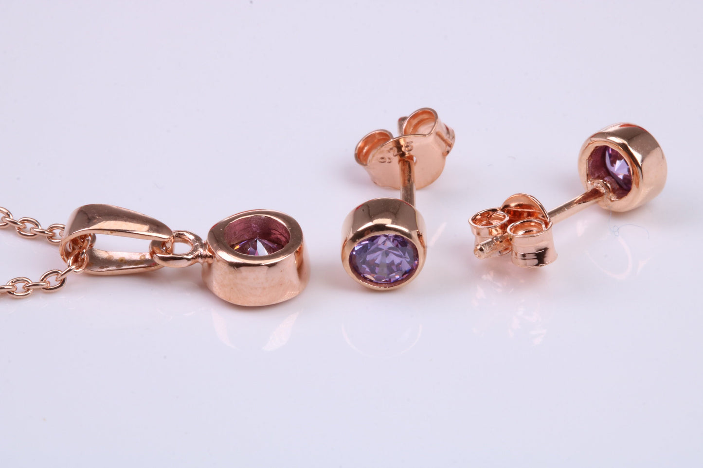 Real Amethyst set Necklace and Matching Stud Earrings, made from solid Sterling Silver and 18ct Rose Gold Plated