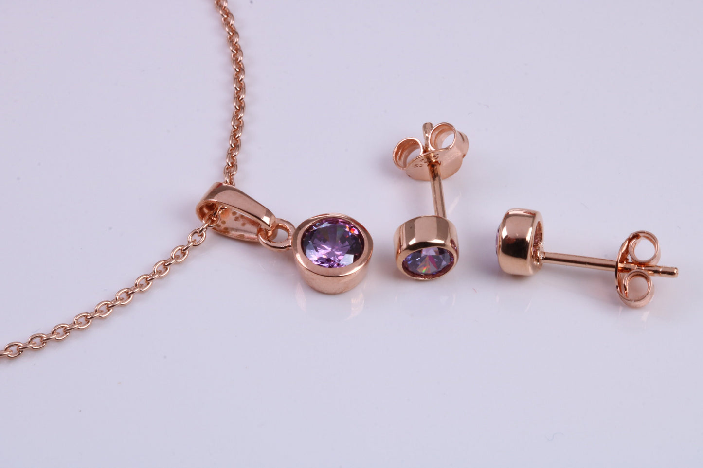 Real Amethyst set Necklace and Matching Stud Earrings, made from solid Sterling Silver and 18ct Rose Gold Plated