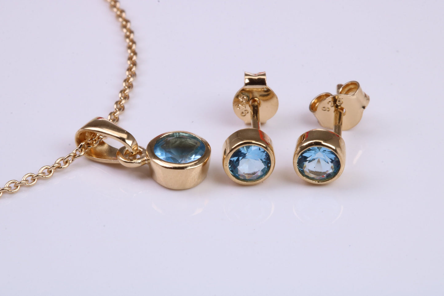 Real Blue Topaz set Necklace and Matching Stud Earrings, made from solid Sterling Silver and 18ct Yellow Gold Plated