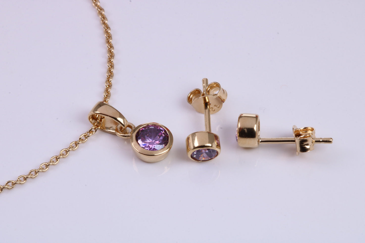 Real Amethyst set Necklace and Matching Stud Earrings, made from solid Sterling Silver and 18ct Yellow Gold Plated