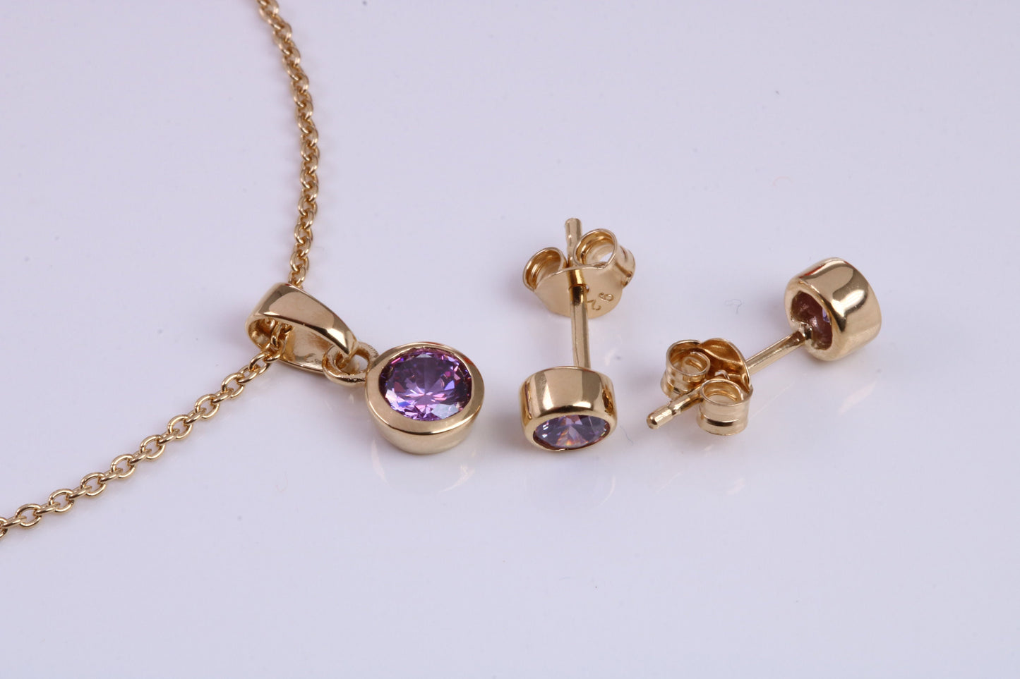 Real Amethyst set Necklace and Matching Stud Earrings, made from solid Sterling Silver and 18ct Yellow Gold Plated