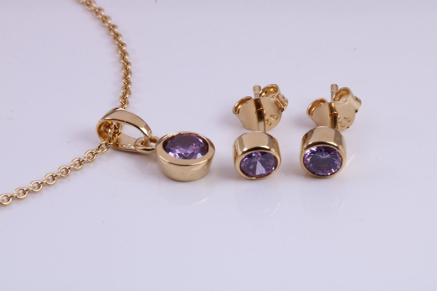 Real Amethyst set Necklace and Matching Stud Earrings, made from solid Sterling Silver and 18ct Yellow Gold Plated