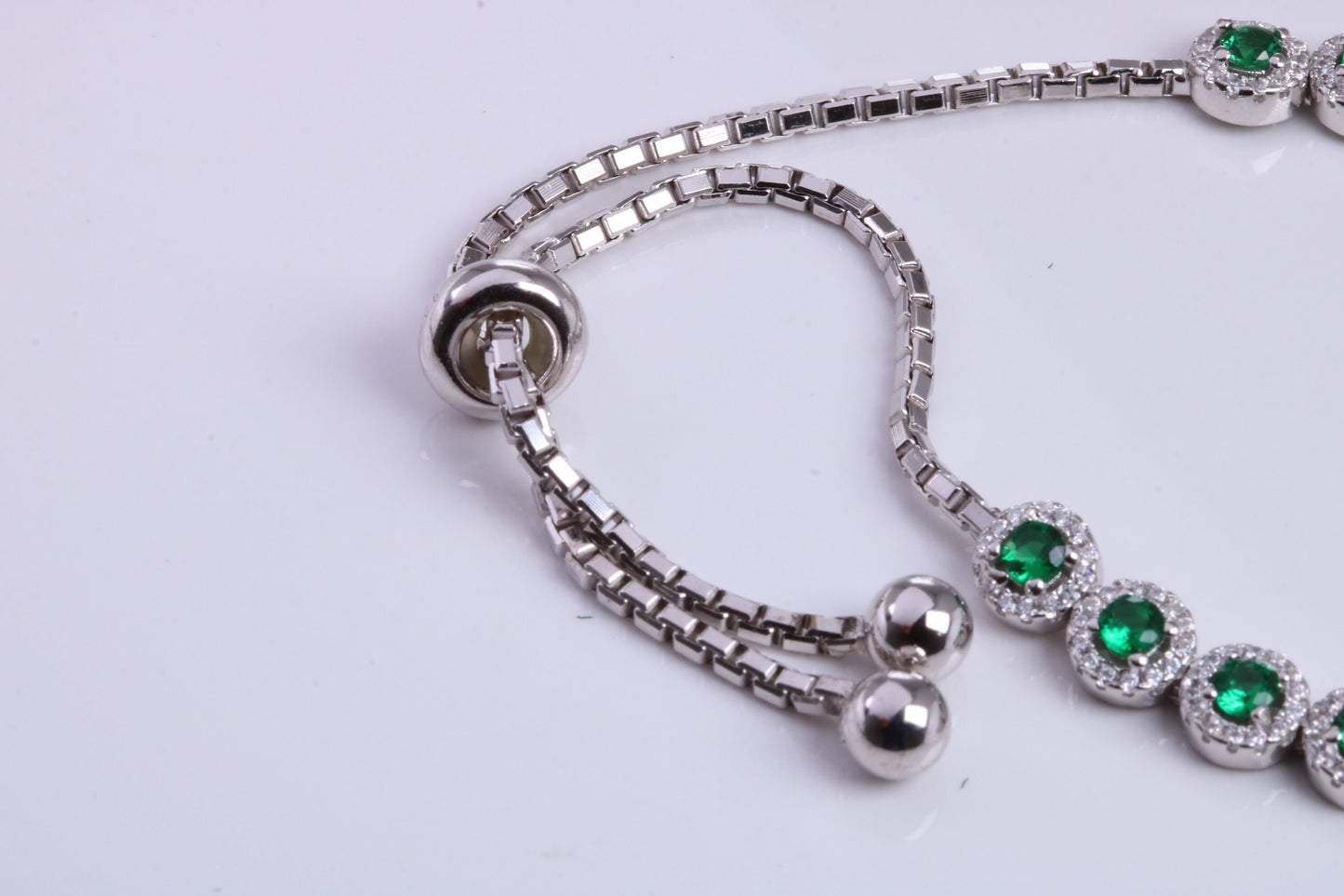Emerald Cubic Zirconia set Bracelet, made from solid Sterling Silver, Length Adjustable