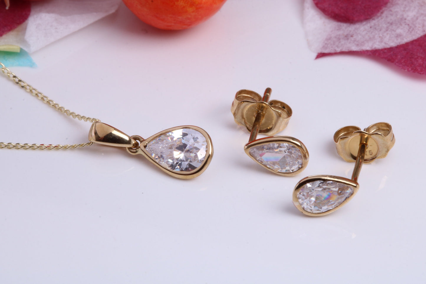 Teardrop C Z set Necklace and Matching Stud Earrings, made from solid 9ct Yellow Gold