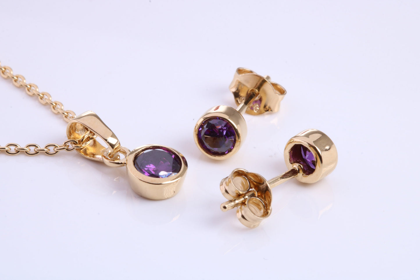 February Amethyst C Z set Necklace and Matching Stud Earrings, made from solid Sterling Silver and 18ct Yellow Gold Plated