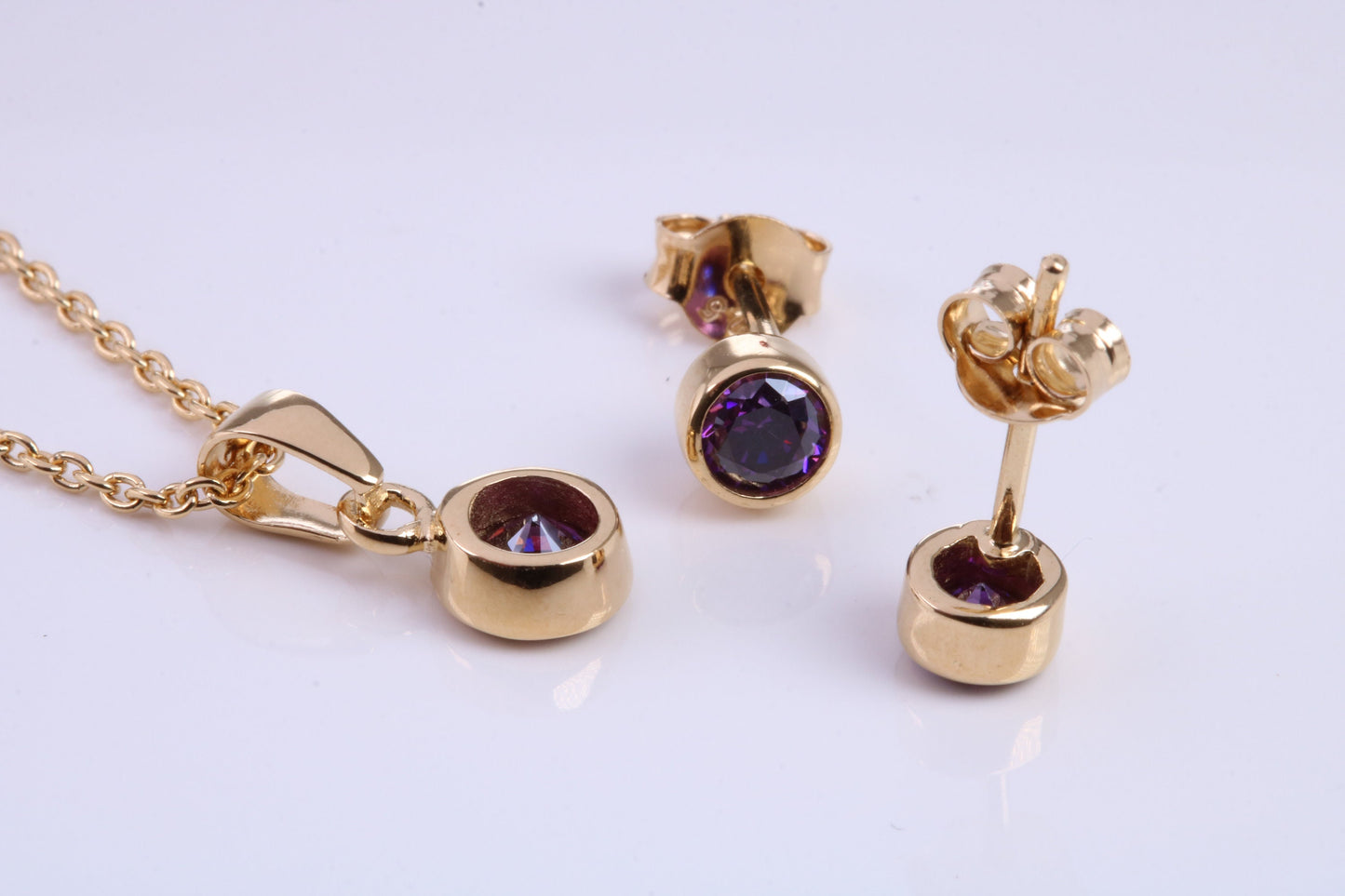 February Amethyst C Z set Necklace and Matching Stud Earrings, made from solid Sterling Silver and 18ct Yellow Gold Plated