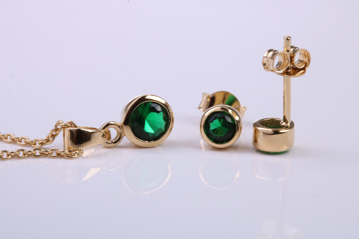 May Emerald C Z set Necklace and Matching Stud Earrings, made from solid Sterling Silver and 18ct Yellow Gold Plated