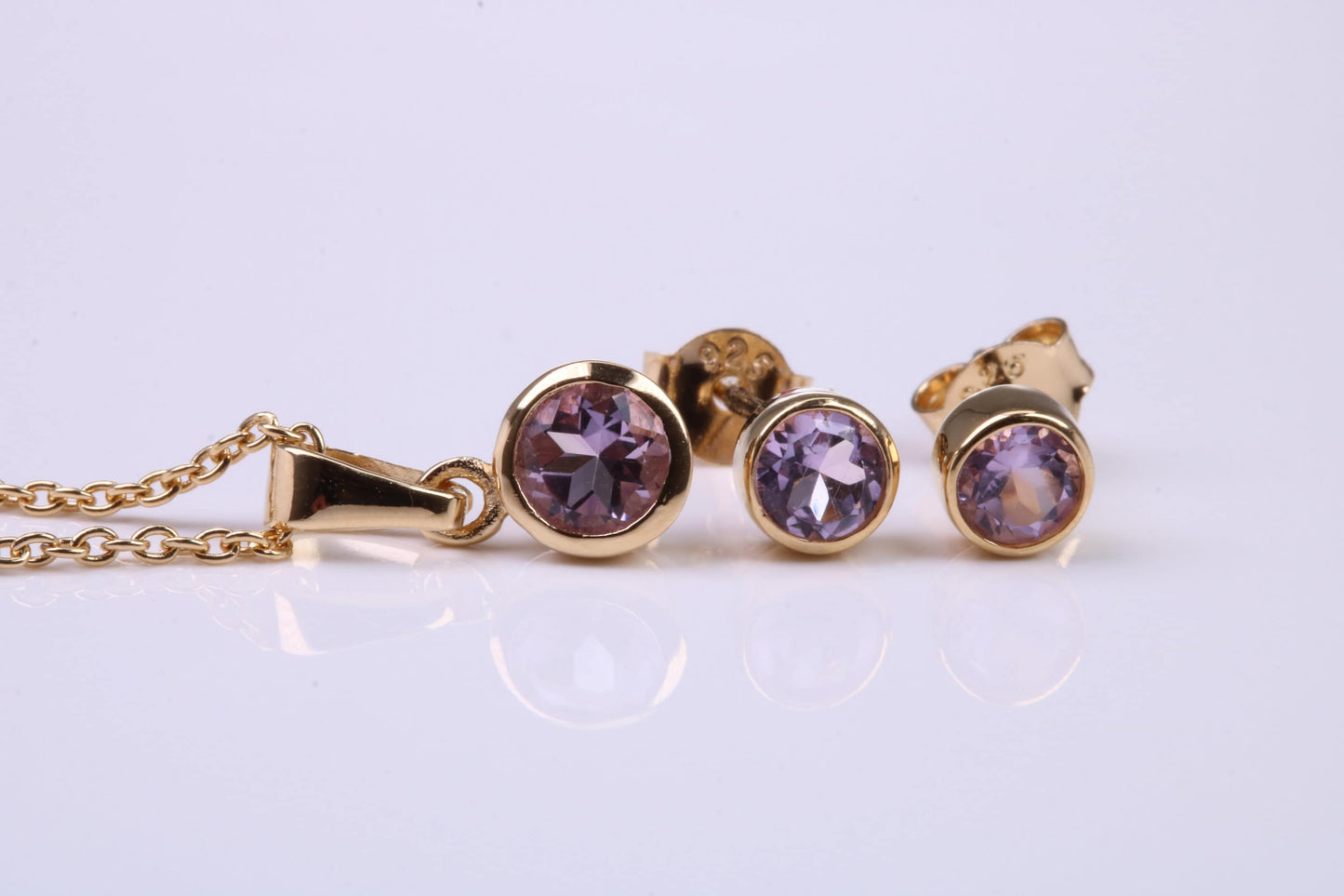 June Light Amethyst C Z set Necklace and Matching Stud Earrings, made from solid Sterling Silver and 18ct Yellow Gold Plated