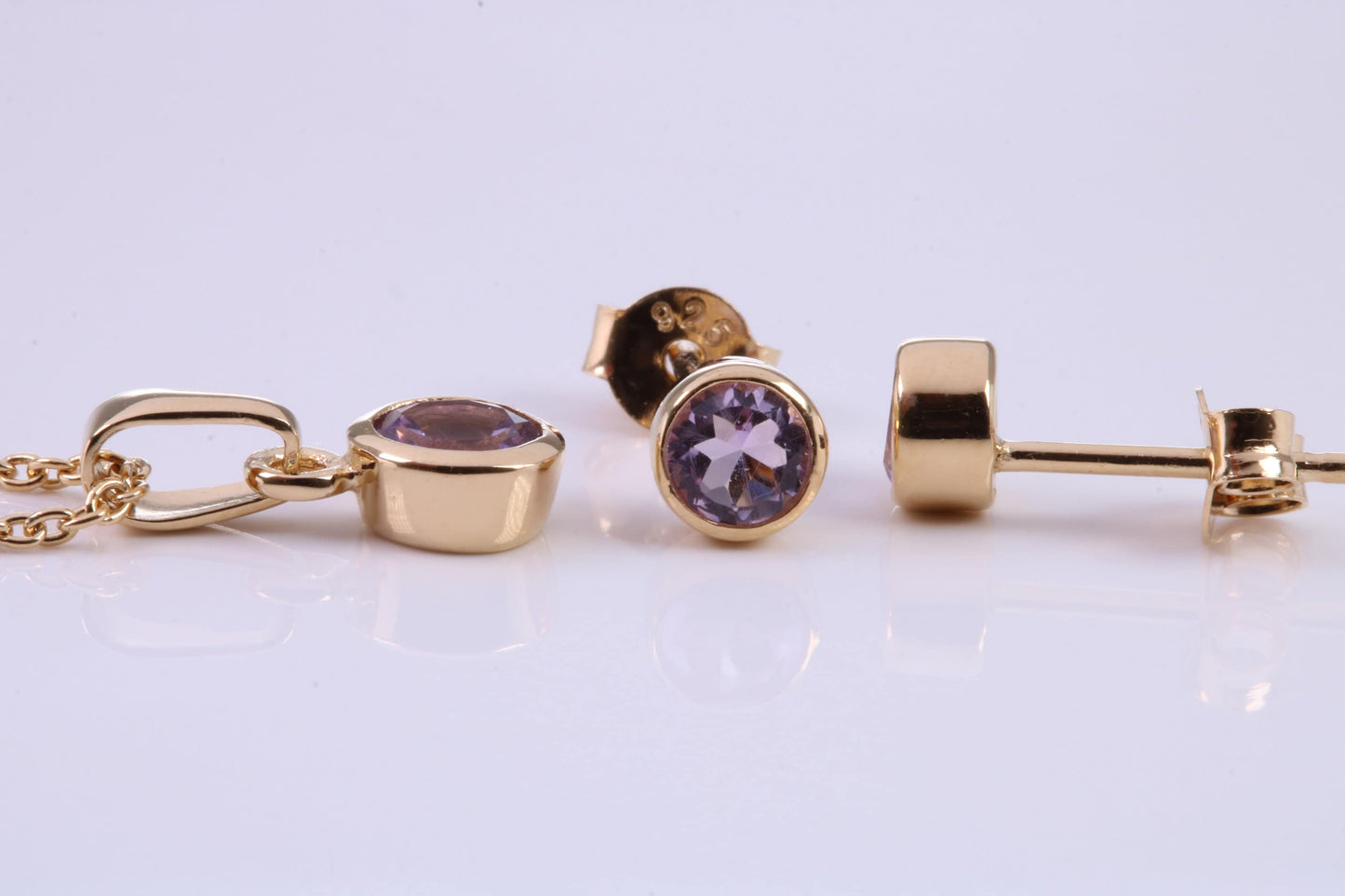 June Light Amethyst C Z set Necklace and Matching Stud Earrings, made from solid Sterling Silver and 18ct Yellow Gold Plated