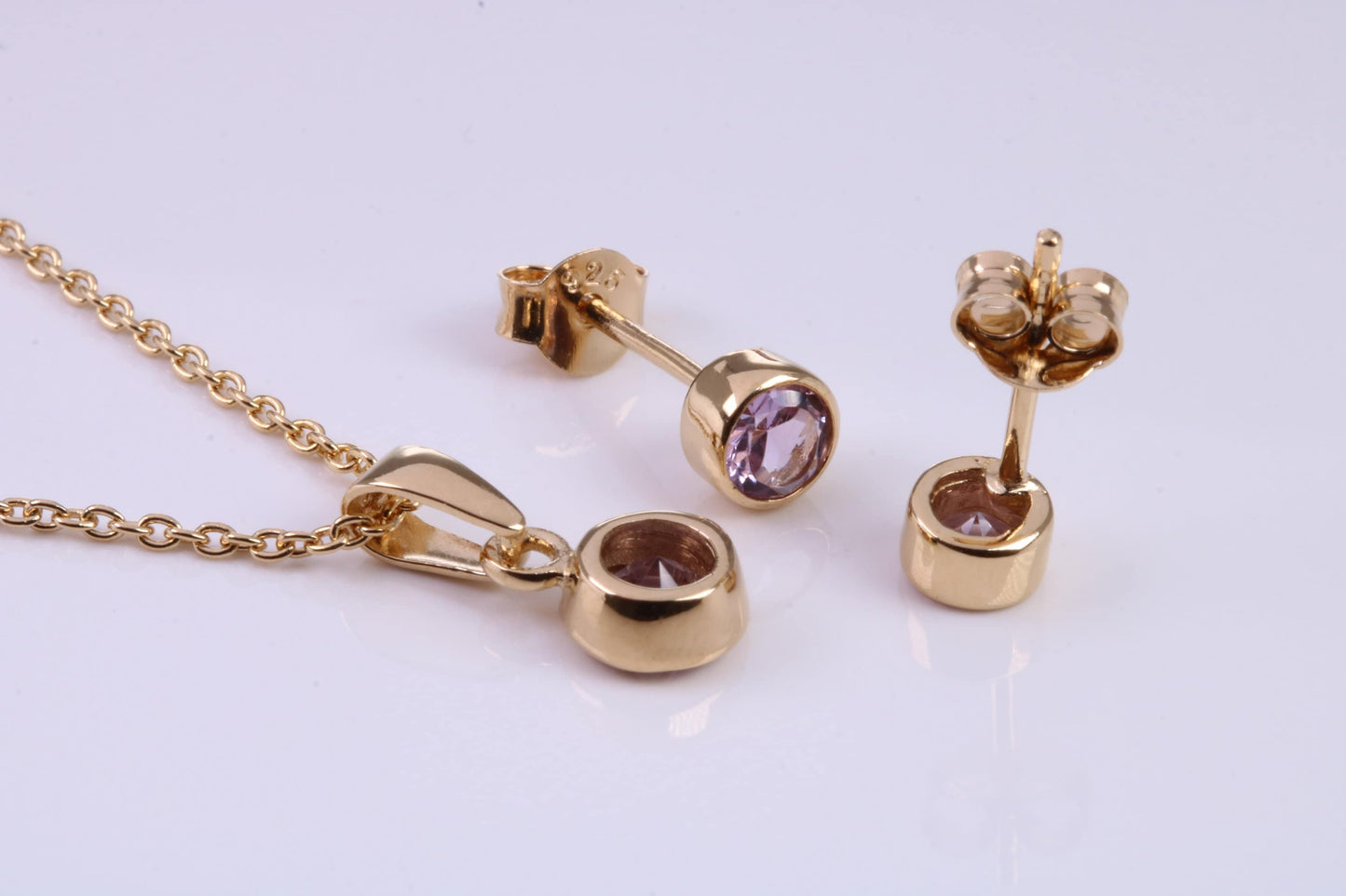 June Light Amethyst C Z set Necklace and Matching Stud Earrings, made from solid Sterling Silver and 18ct Yellow Gold Plated