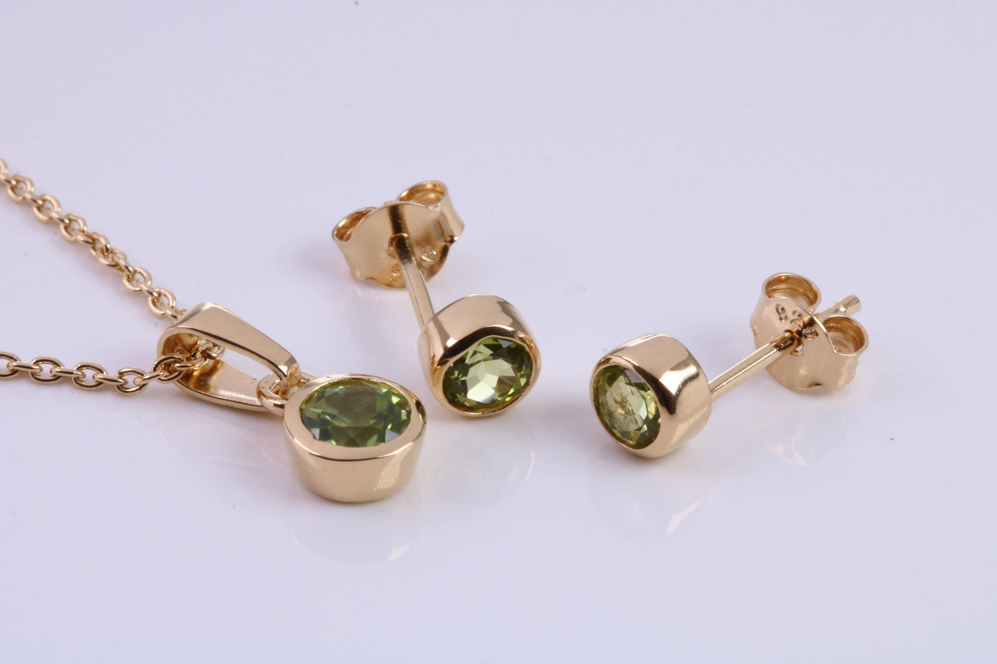 August Peridot C Z set Necklace and Matching Stud Earrings, made from solid Sterling Silver and 18ct Yellow Gold Plated