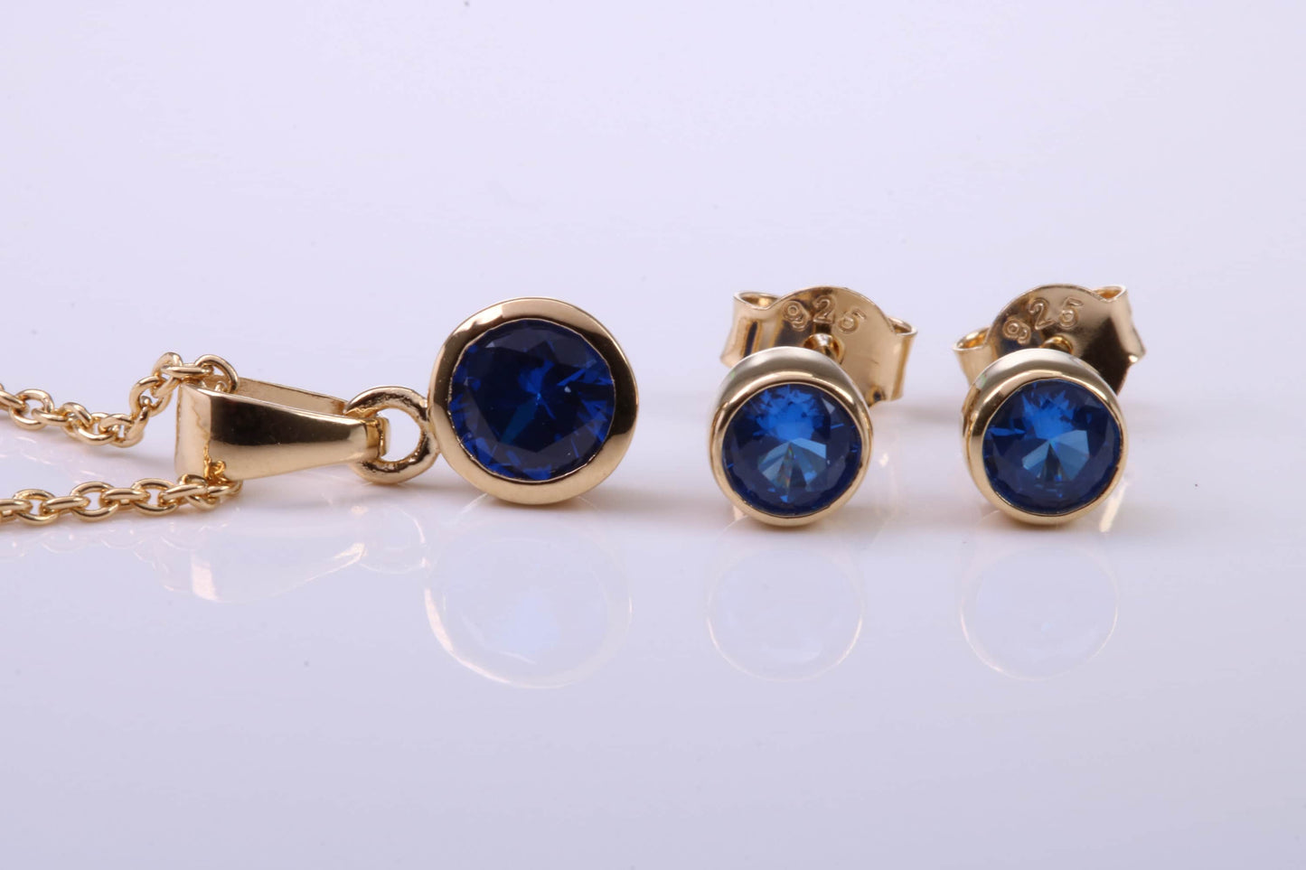 September Blue Sapphire C Z set Necklace and Matching Stud Earrings, made from solid Sterling Silver and 18ct Yellow Gold Plated