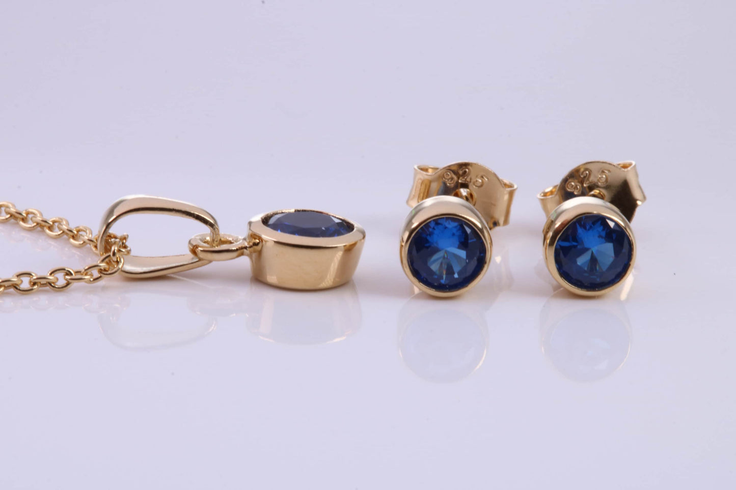 September Blue Sapphire C Z set Necklace and Matching Stud Earrings, made from solid Sterling Silver and 18ct Yellow Gold Plated