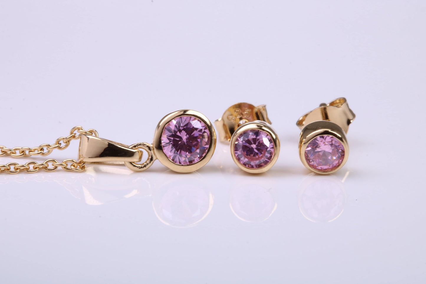 October Pink Rose C Z set Necklace and Matching Stud Earrings, made from solid Sterling Silver and 18ct Yellow Gold Plated