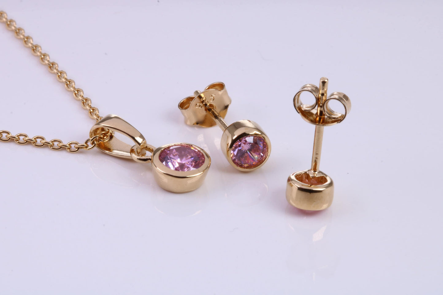 October Pink Rose C Z set Necklace and Matching Stud Earrings, made from solid Sterling Silver and 18ct Yellow Gold Plated