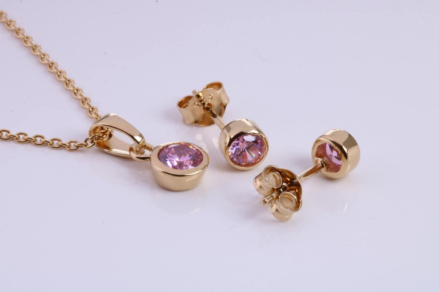 October Pink Rose C Z set Necklace and Matching Stud Earrings, made from solid Sterling Silver and 18ct Yellow Gold Plated