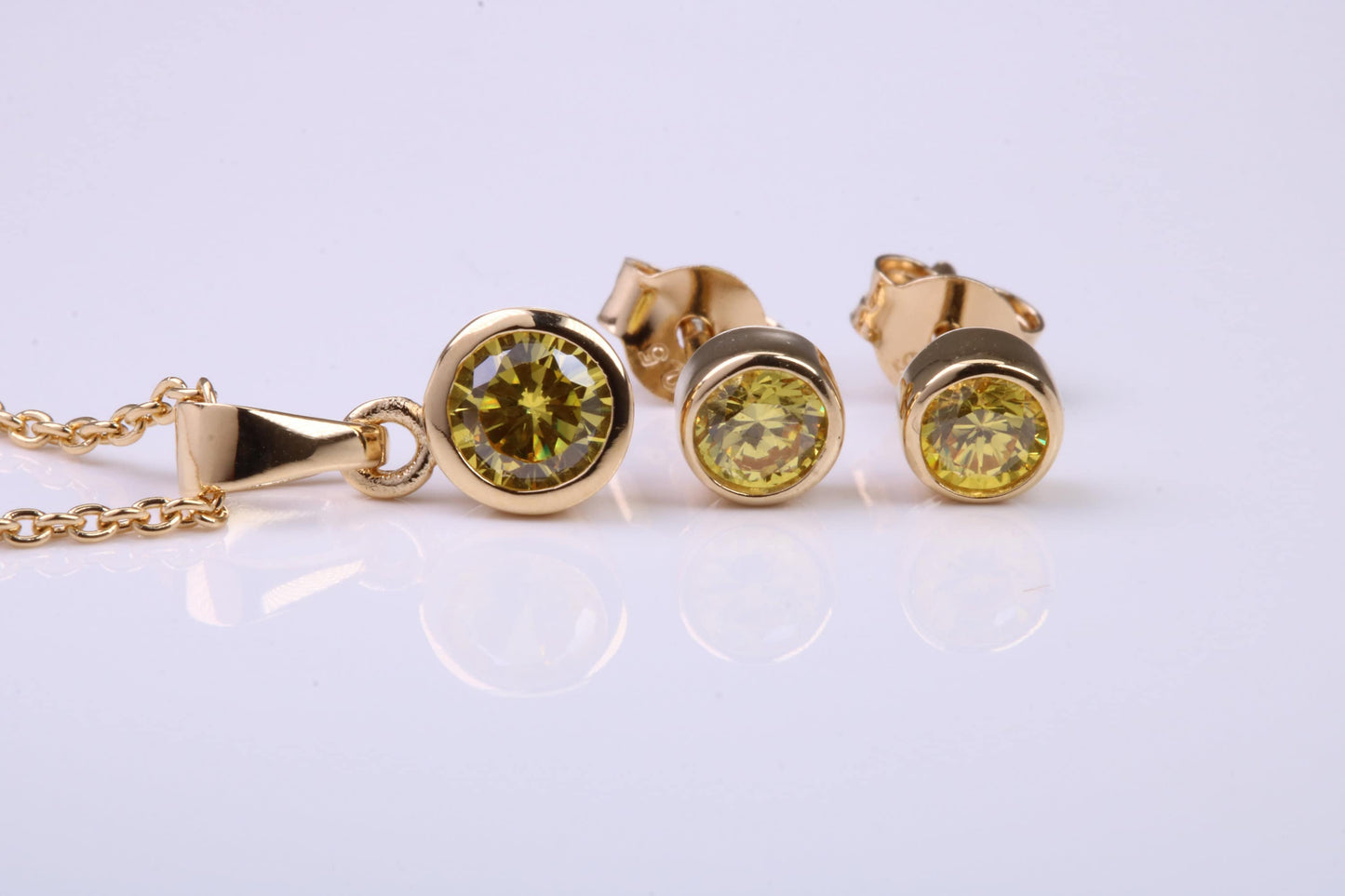 November Yellow Topaz C Z set Necklace and Matching Stud Earrings, made from solid Sterling Silver and 18ct Yellow Gold Plated