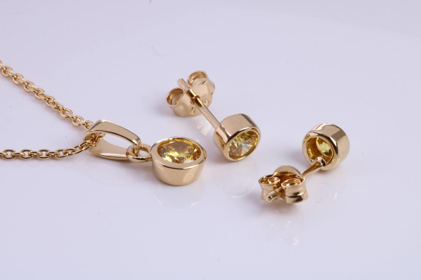 November Yellow Topaz C Z set Necklace and Matching Stud Earrings, made from solid Sterling Silver and 18ct Yellow Gold Plated