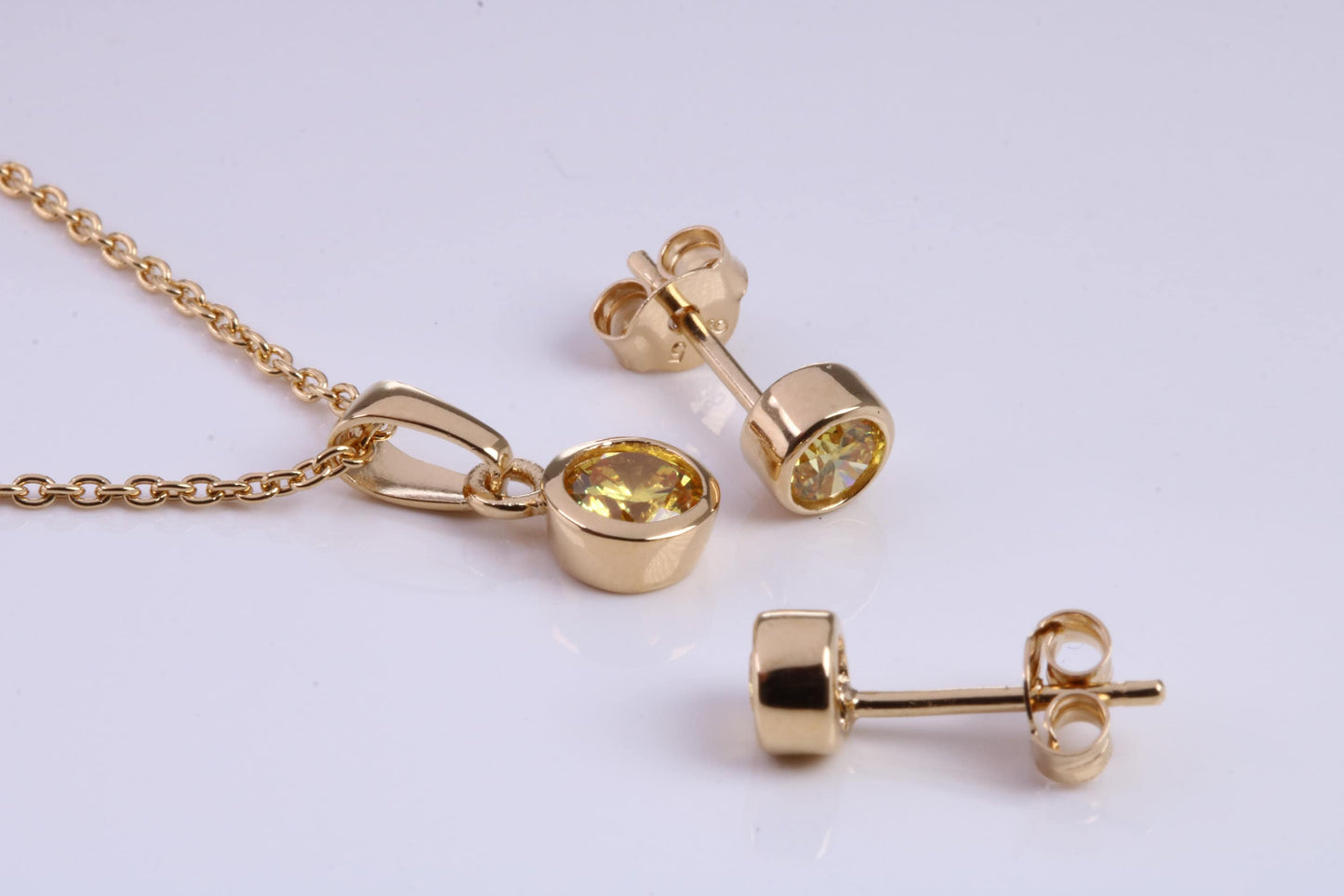 November Yellow Topaz C Z set Necklace and Matching Stud Earrings, made from solid Sterling Silver and 18ct Yellow Gold Plated