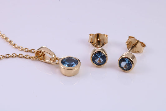 December Blue Zircon C Z set Necklace and Matching Stud Earrings, made from solid Sterling Silver and 18ct Yellow Gold Plated