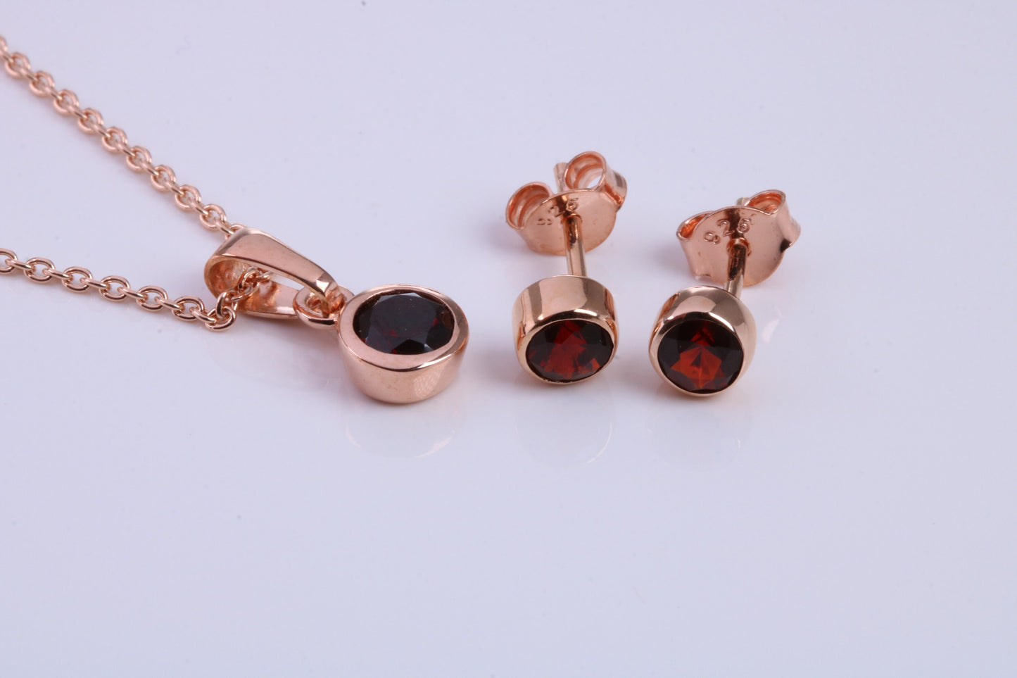 January Garnet C Z set Necklace and Matching Stud Earrings, made from solid Sterling Silver and 18ct Rose Gold Plated