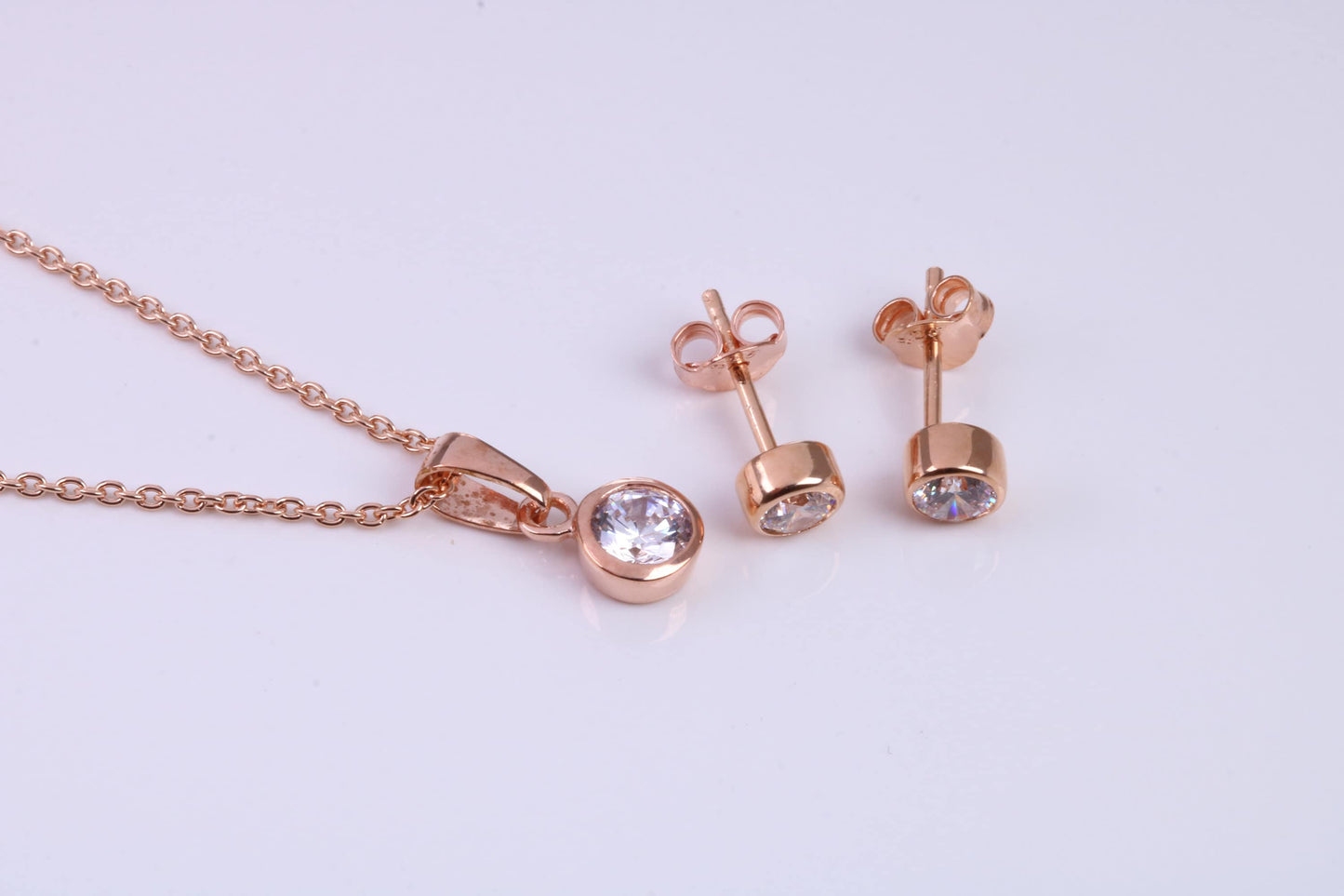 April Diamond C Z set Necklace and Matching Stud Earrings, made from solid Sterling Silver and 18ct Rose Gold Plated