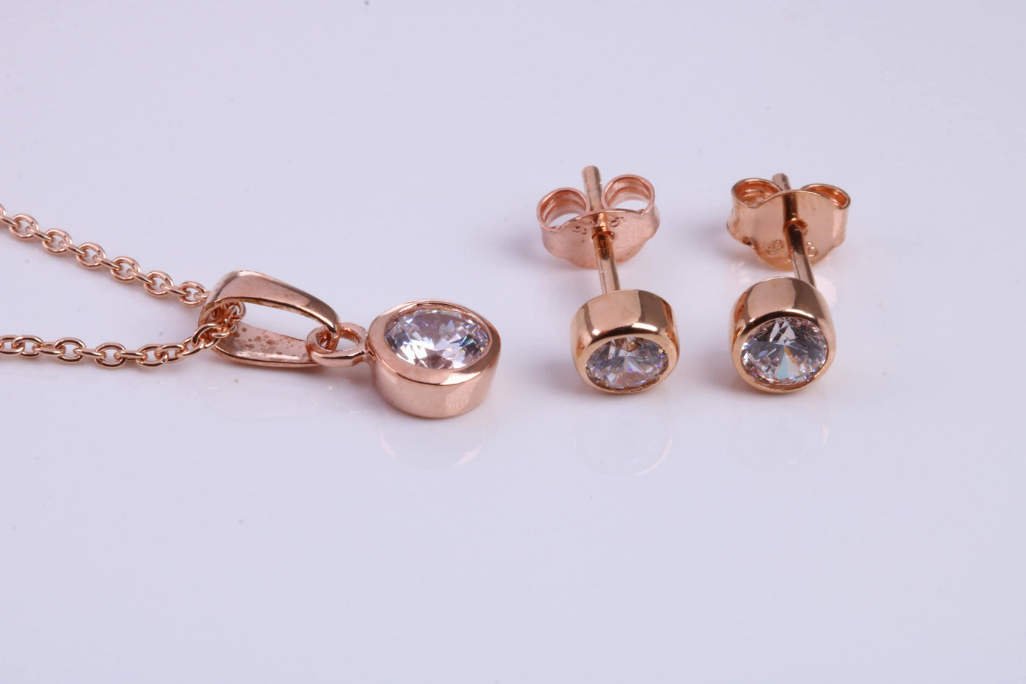 April Diamond C Z set Necklace and Matching Stud Earrings, made from solid Sterling Silver and 18ct Rose Gold Plated