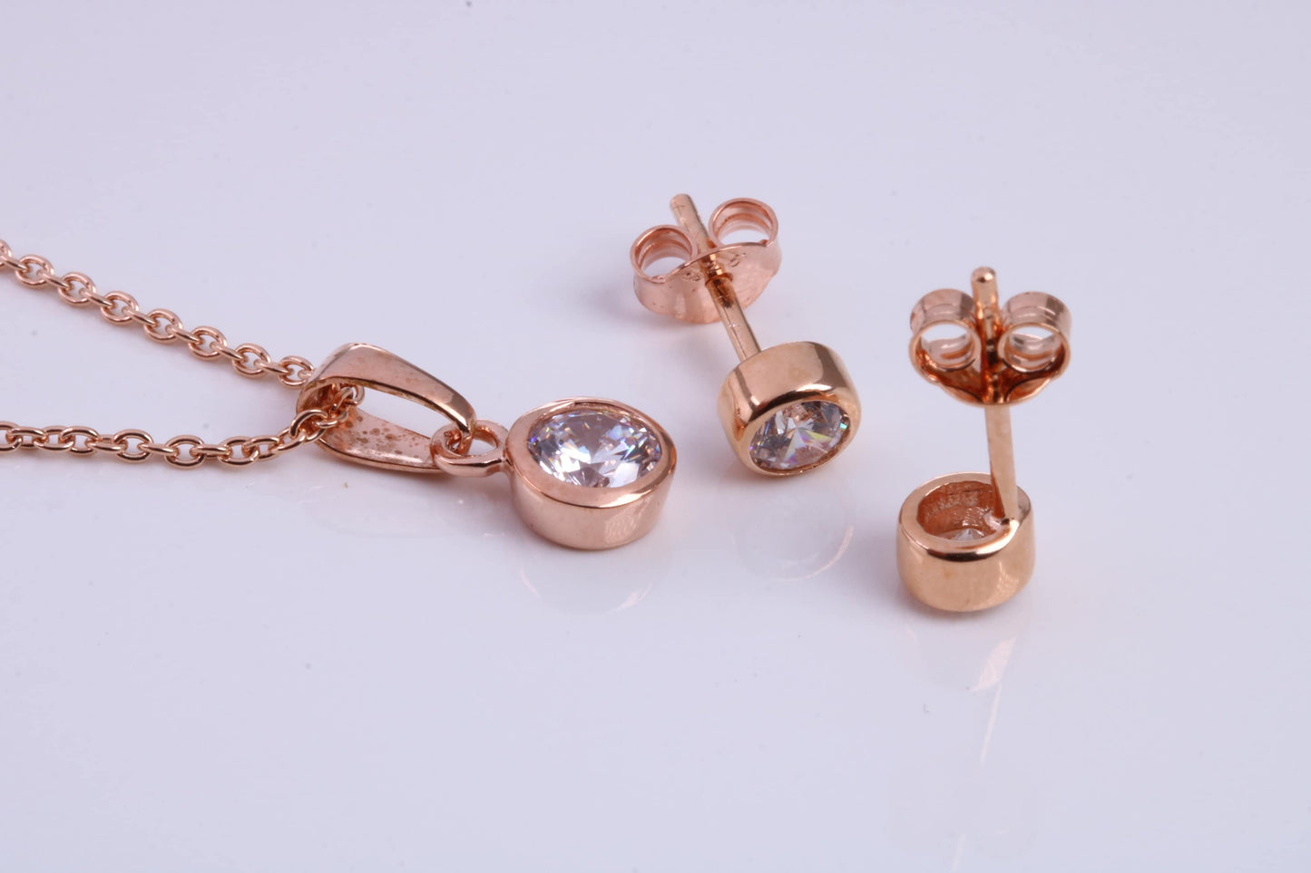 April Diamond C Z set Necklace and Matching Stud Earrings, made from solid Sterling Silver and 18ct Rose Gold Plated