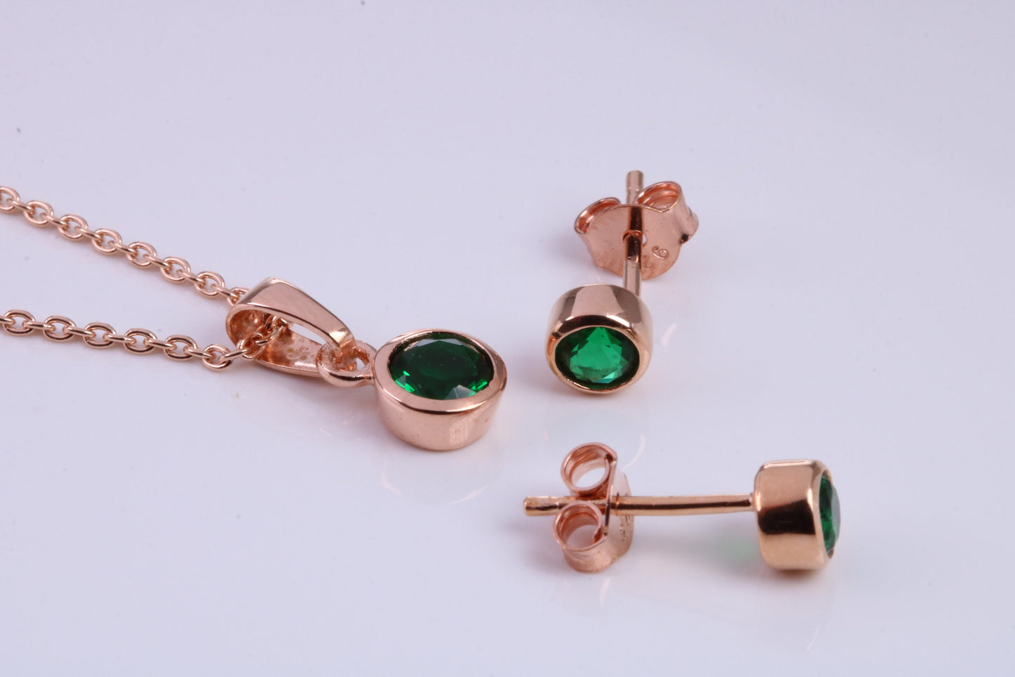 May Emerald C Z set Necklace and Matching Stud Earrings, made from solid Sterling Silver and 18ct Rose Gold Plated