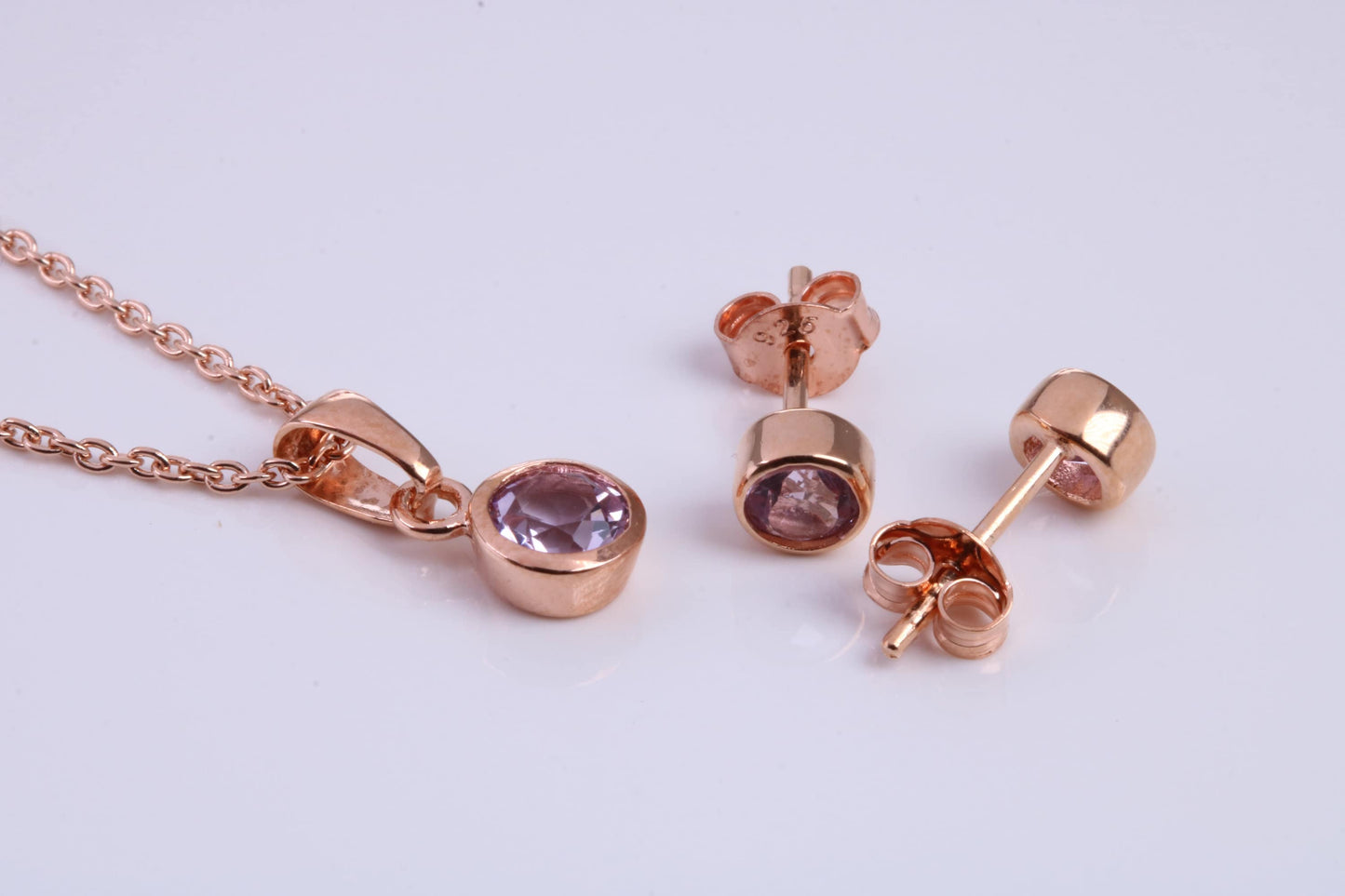 June Light Amethyst C Z set Necklace and Matching Stud Earrings, made from solid Sterling Silver and 18ct Rose Gold Plated