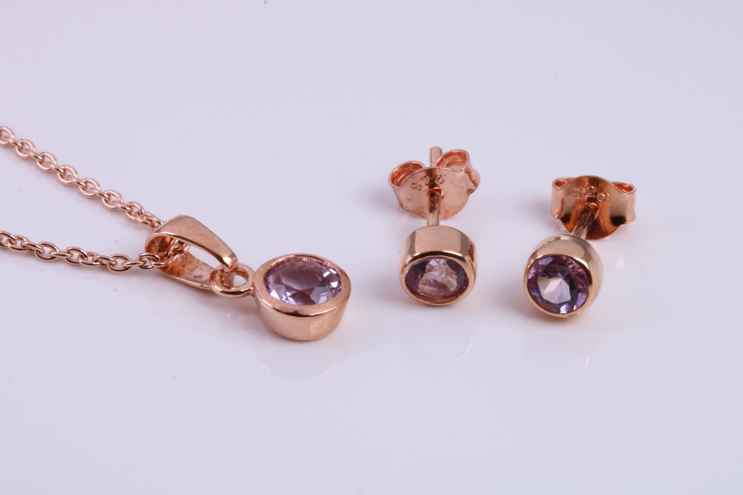 June Light Amethyst C Z set Necklace and Matching Stud Earrings, made from solid Sterling Silver and 18ct Rose Gold Plated