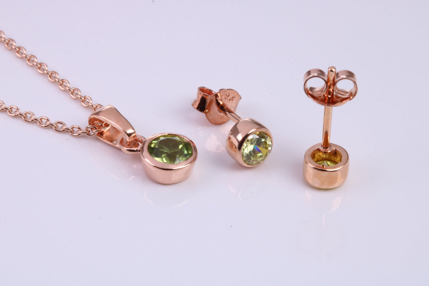 August Peridot C Z set Necklace and Matching Stud Earrings, made from solid Sterling Silver and 18ct Rose Gold Plated