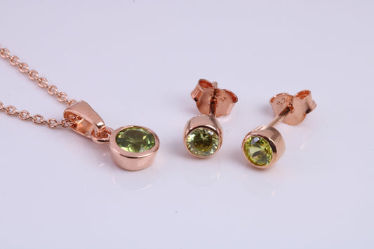 August Peridot C Z set Necklace and Matching Stud Earrings, made from solid Sterling Silver and 18ct Rose Gold Plated