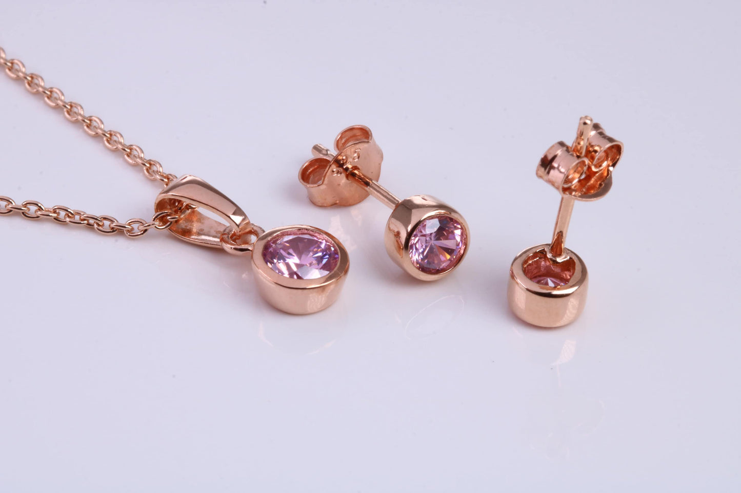 October Pink Rose C Z set Necklace and Matching Stud Earrings, made from solid Sterling Silver and 18ct Rose Gold Plated