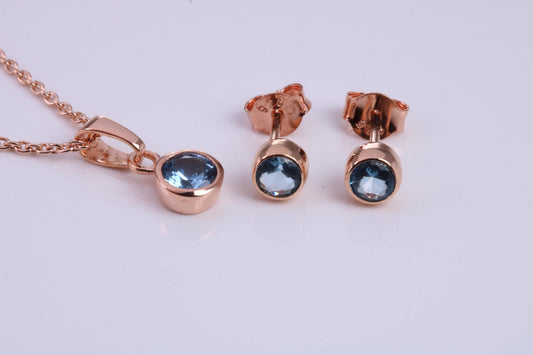 December Blue Zircon C Z set Necklace and Matching Stud Earrings, made from solid Sterling Silver and 18ct Rose Gold Plated