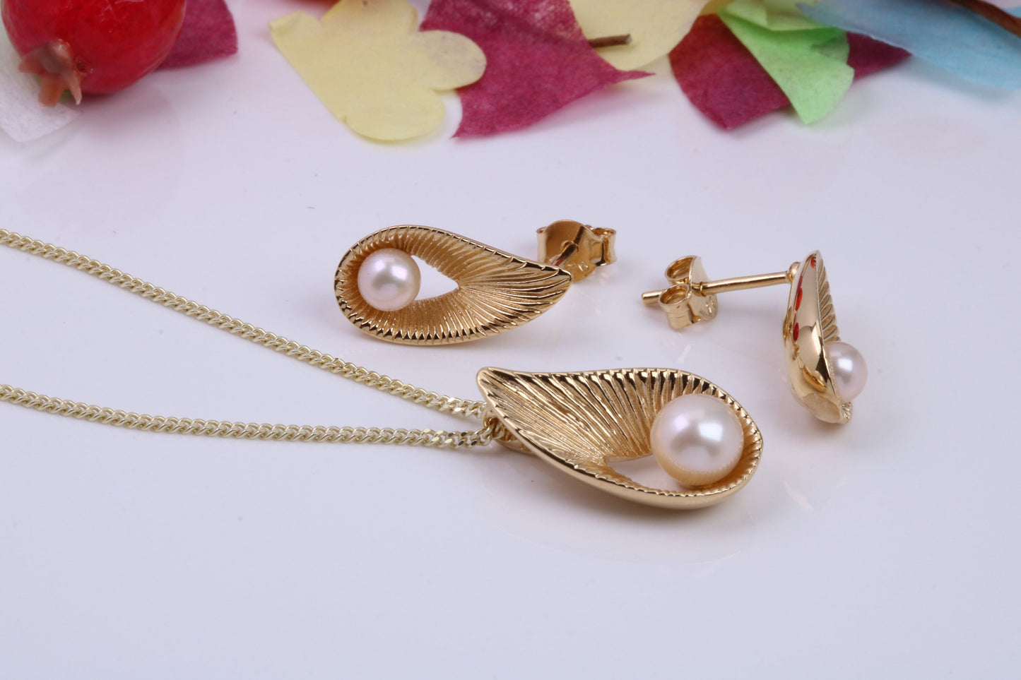 Fresh Water Cultured Pearl set Necklace and Earrings, Made from solid Sterling Silver, 18ct Yellow Gold Plated