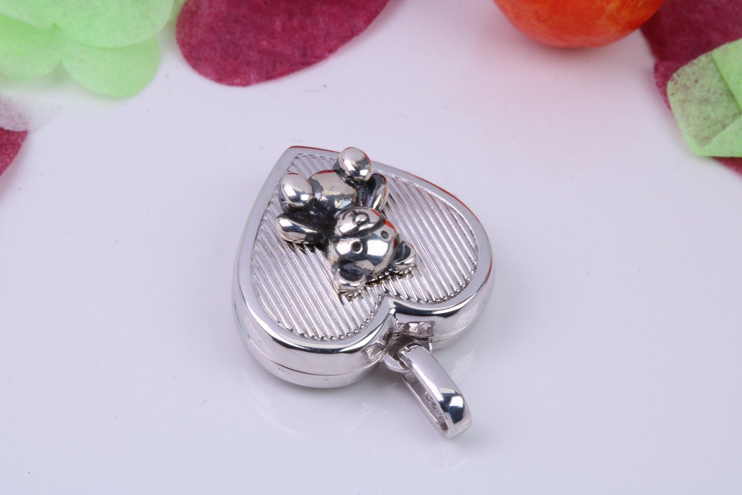 18 mm Teddy Bear Heart Shaped Locket, Made from Solid Sterling Silver